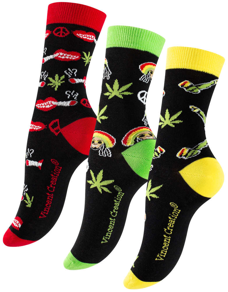 3 Paar Bunte -Rasta Weed- Socken - One Size
