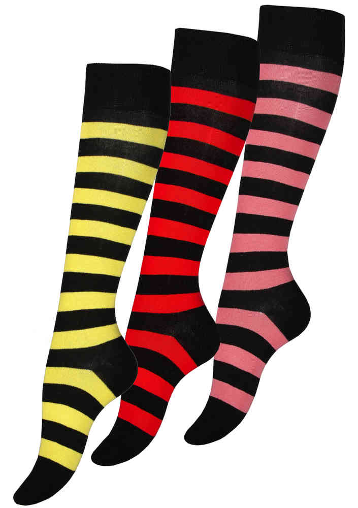 3 Paar bunt geringelte Damen Baumwoll-Kniestrümpfe