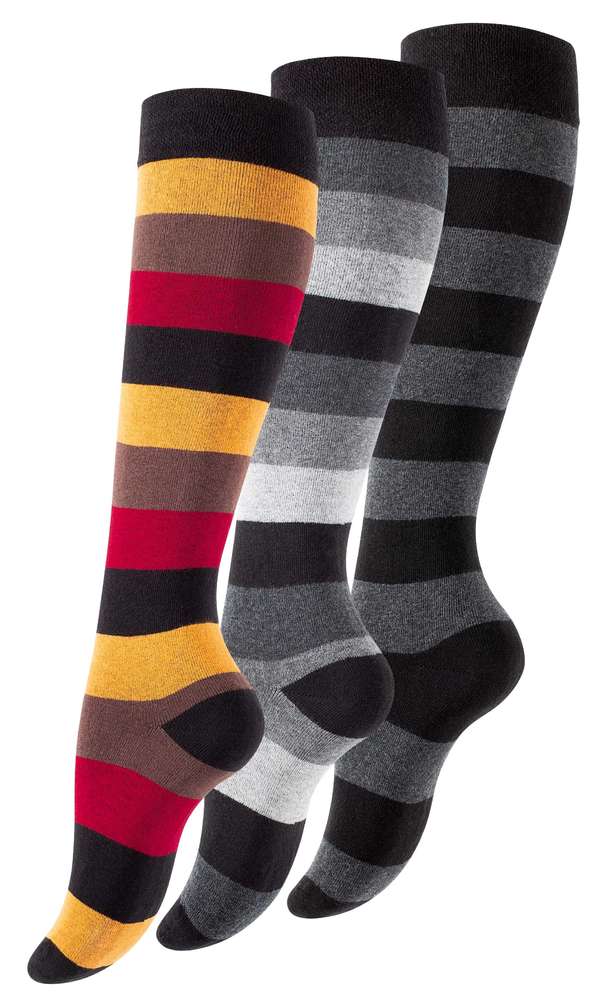3 Paar Damen Baumwoll Kniestrümpfe mit Blockstreifen
