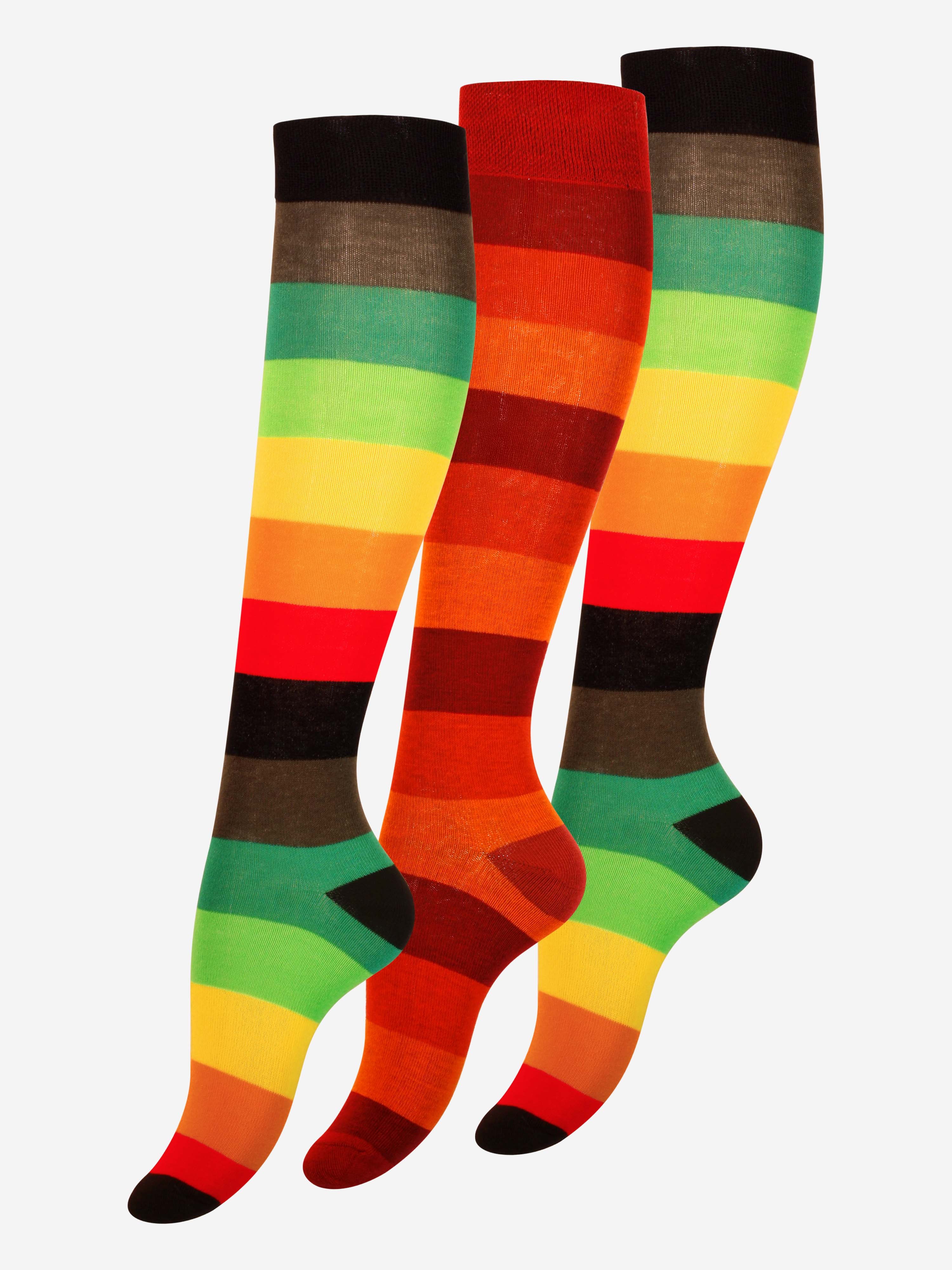 3 Paar Damen Kniestrümpfe mit bunten Blockstreifen
