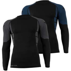 Funktionshemd in schwarz mit grauen oder blauen Bereichen außen an den Oberarmen und am Torso