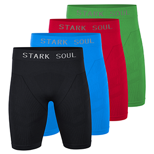Kurze, enganliegende Radlerunterhose in schwarz, blau, rot oder grün. Breiter Bund mit STARK SOUL-Schriftzug