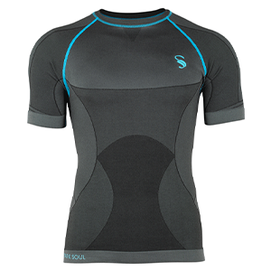 Dunkelgraues langärmliges Trainingsshirt mit türkisen Ziernähten und türkisem STARK SOUL-Logo auf der Brust