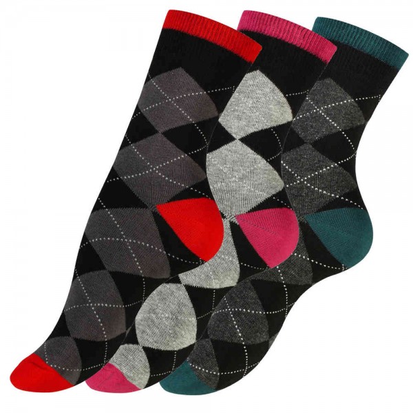 3 Pairs of Womens Ladies socks, Argyle Check patterned