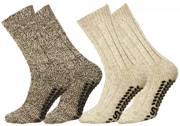 2 Paar Norweger Woll-Strick-Socken mit Antirutsch Sohle