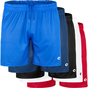 kurze Trainingshose in blau, marine, schwarz, weiß und rot mit kleinem STARK SOUL-Logo auf dem Oberschenkel